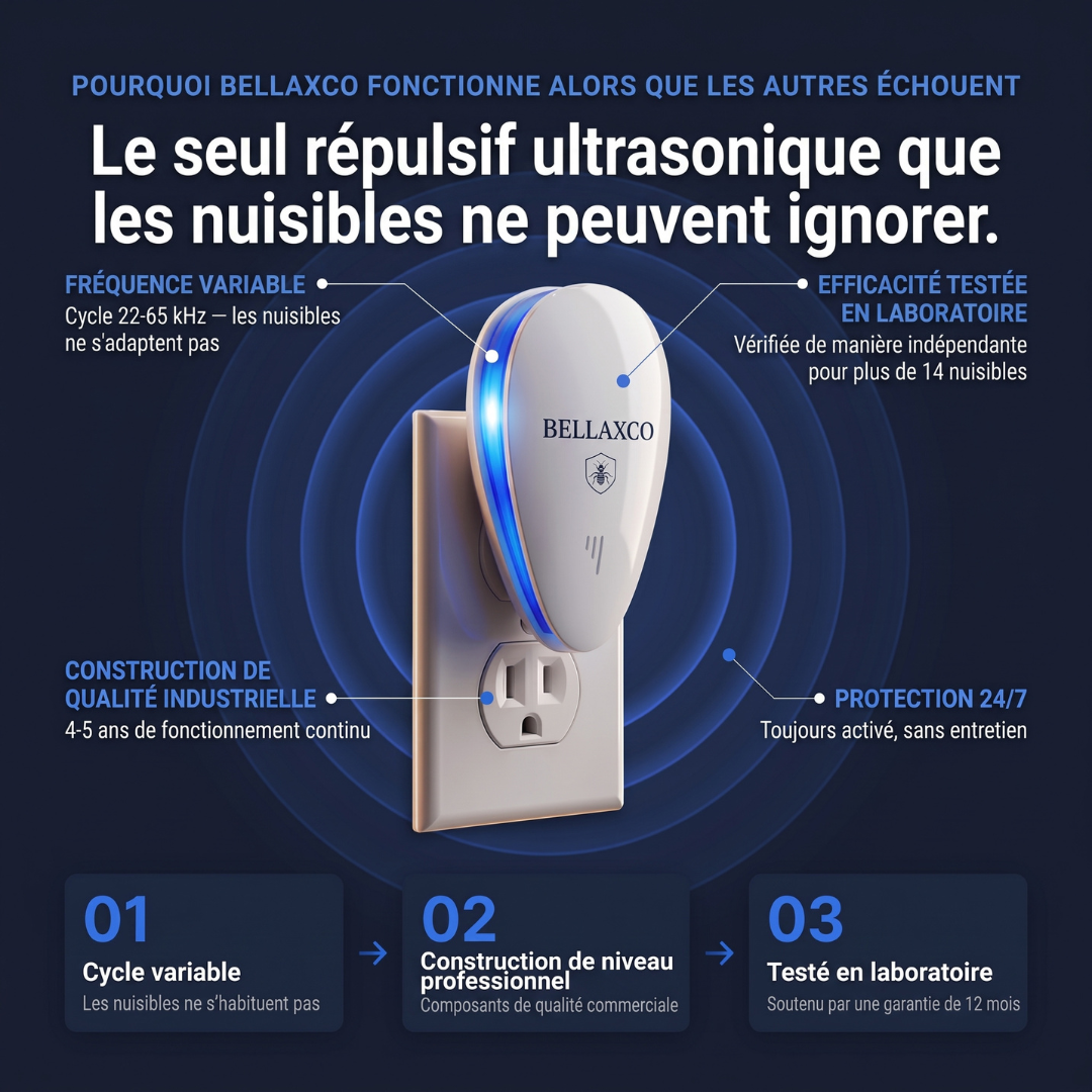 Bellaxco Pro™ Répulsif Ultrasonique : Chassez plus de 14 nuisibles définitivement